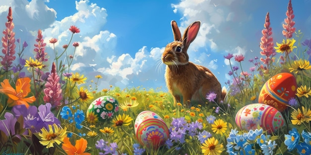 Une peinture de lapin entourée d'œufs de Pâques et de fleurs dans un paysage naturel