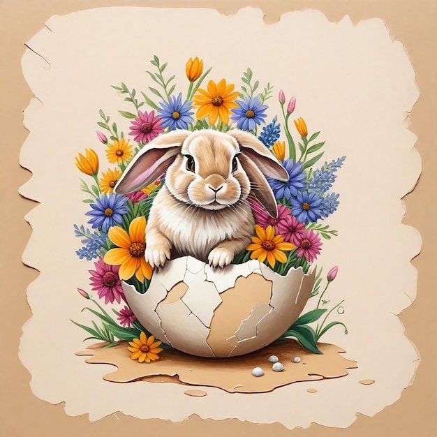 une peinture d'un lapin avec des fleurs dedans