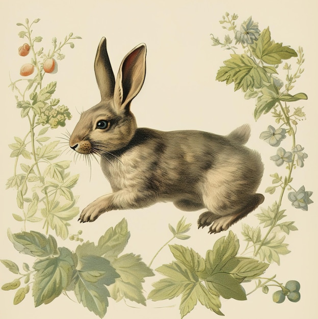 Photo une peinture d'un lapin avec un fond floral.