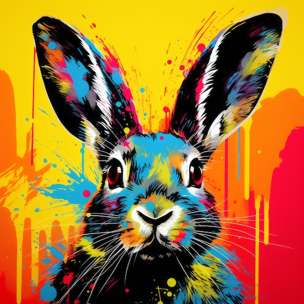 Peinture de lapin pop-art colorée avec des éclaboussures vibrantes