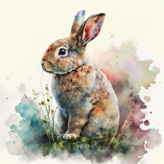 Une peinture d'un lapin qui est peinte à l'aquarelle