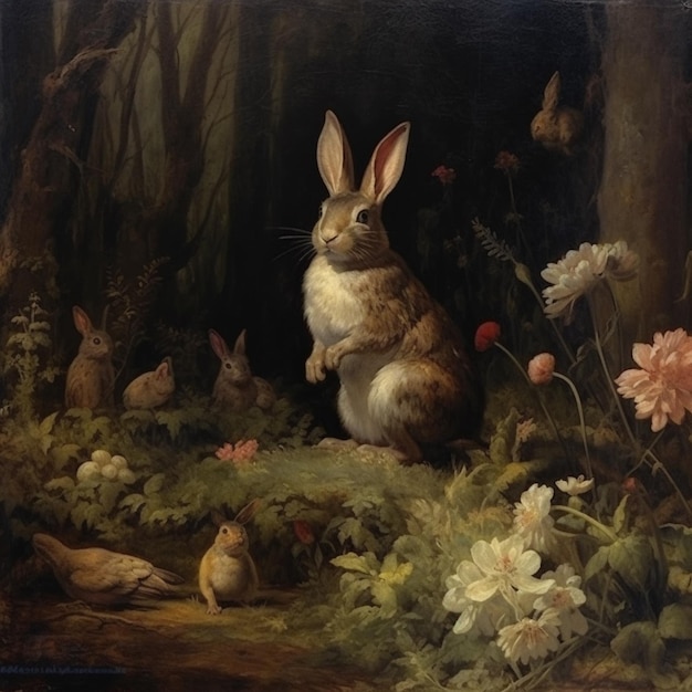 peinture d'un lapin et d'une souris dans un jardin avec des fleurs