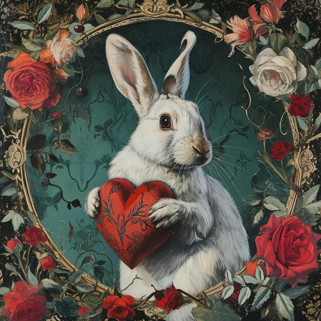 peinture d'un lapin tenant un cœur dans un cadre avec des roses générative ai