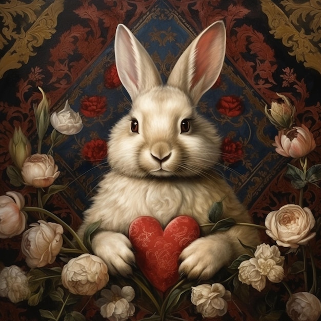 peinture d'un lapin tenant un cœur entouré de fleurs