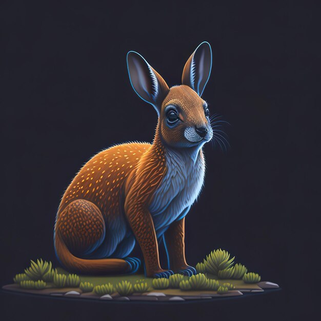 Une peinture d'un lapin avec des yeux bleus et un fond noir.