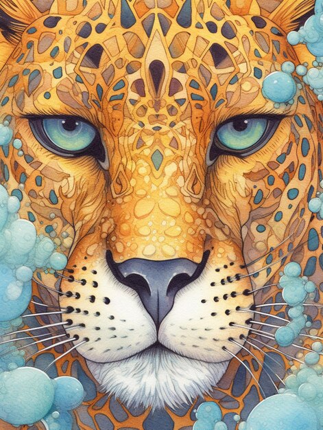 peinture d'un léopard aux yeux bleus et un motif sur son visage ai générative