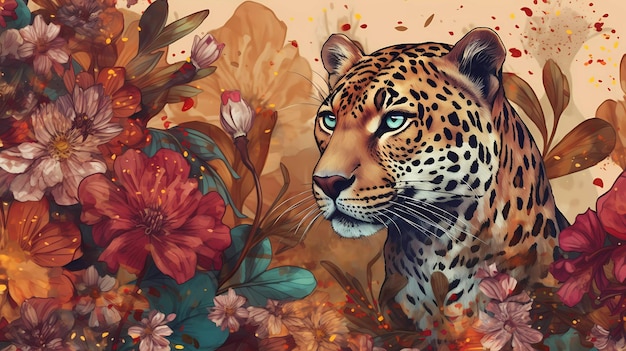 Une peinture d'un léopard avec un fond floral.