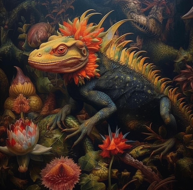 peinture d'un lézard avec un capitule dans un jardin ai générative