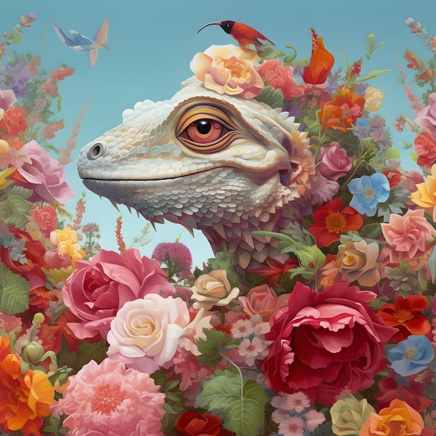 Une peinture d'un lézard avec un oiseau dessus