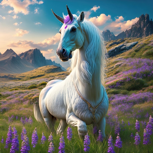 Une peinture d'une licorne blanche avec un champ de fleurs violettes en arrière-plan.