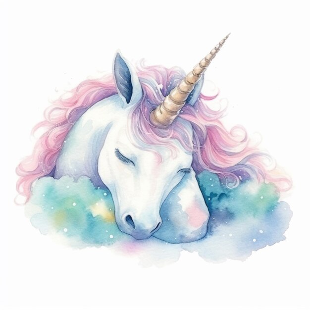 Peinture d'une licorne avec une crinière rose et une crinière bleue ai générative