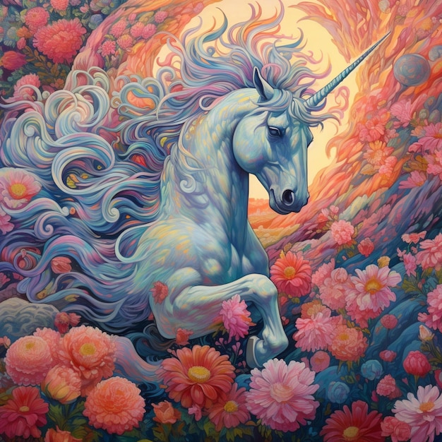 Peinture d'une licorne avec une longue crinière et une crinière fleurie ai générative