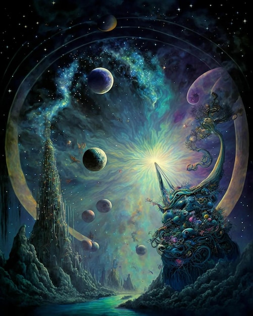 Une peinture d'une licorne avec une lune et des étoiles dessus