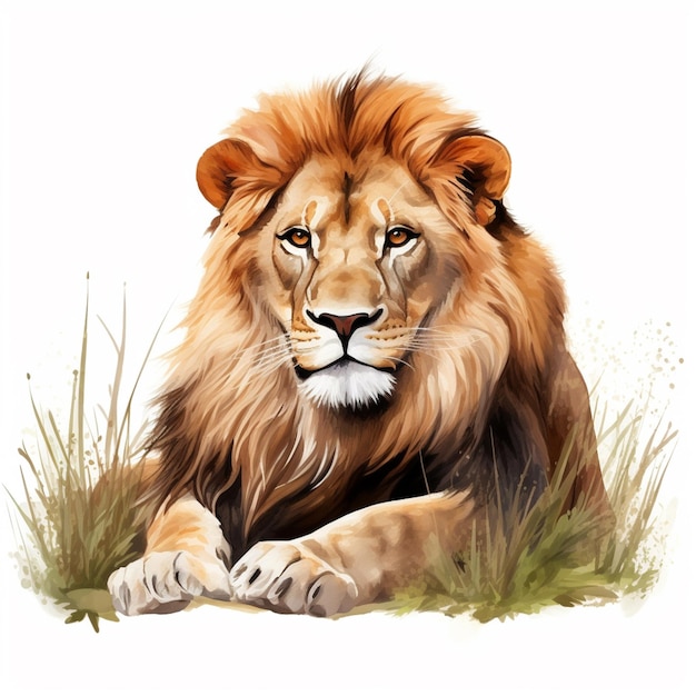 peinture d'un lion allongé dans l'herbe avec un fond blanc