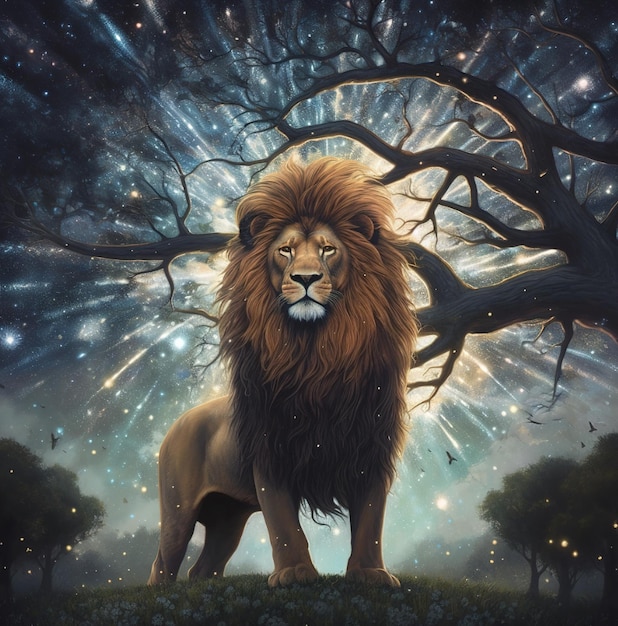 Une peinture d'un lion avec un arbre en arrière-plan