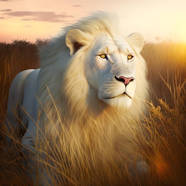 Une peinture d'un lion blanc avec un œil jaune.