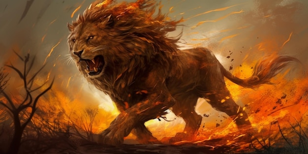 Peinture d'un lion courant à travers un champ avec des flammes en arrière-plan