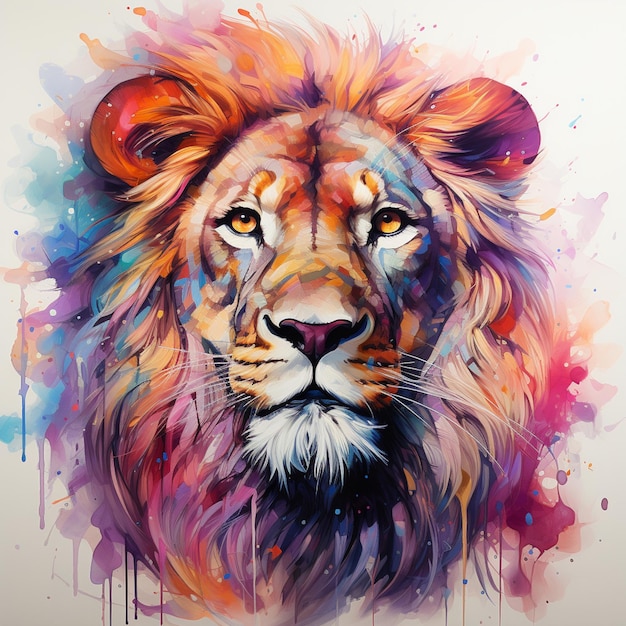 peinture d'un lion avec une crinière colorée et un fond blanc