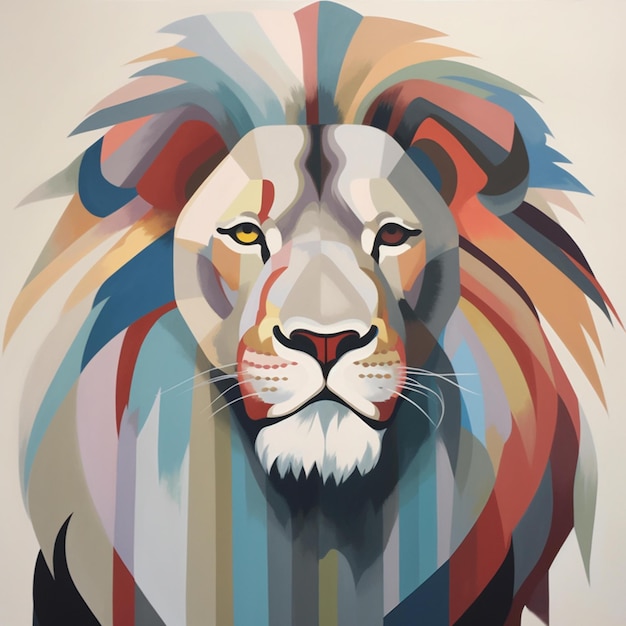 Une peinture d'un lion avec une crinière colorée.