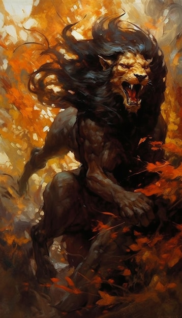 Une peinture d'un lion avec une crinière noire et une queue noire.
