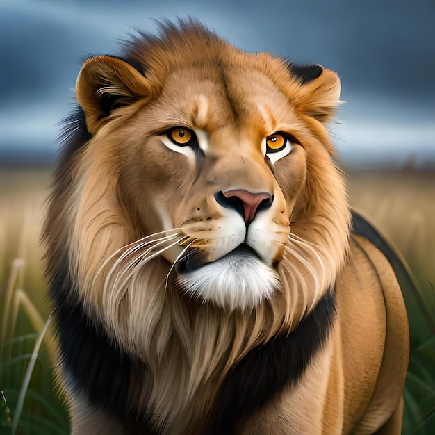 Une peinture d'un lion avec une crinière noire et des yeux d'or.