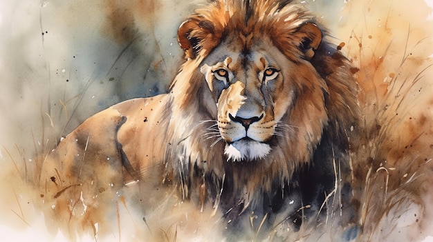 Une peinture d'un lion à l'état sauvage