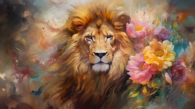 peinture d'un lion avec des fleurs au premier plan IA générative