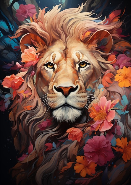 Peinture d'un lion avec des fleurs sur sa tête