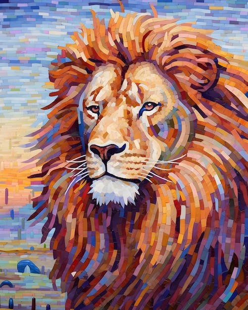 Une peinture d'un lion avec une grande crinière et le mot lion dessus.