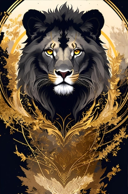 Une peinture d'un lion noir et or avec des feuilles d'or et les mots "esprit de la lune"