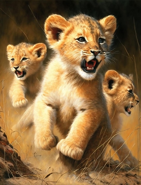 Une peinture d'un lionceau courant avec sa bouche ouverte.