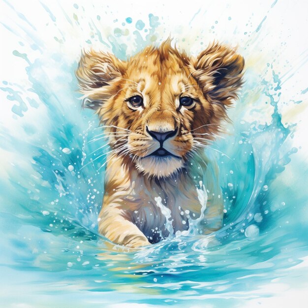 Photo peinture d'un lionceau dans l'eau avec un peu d'eau ai générative