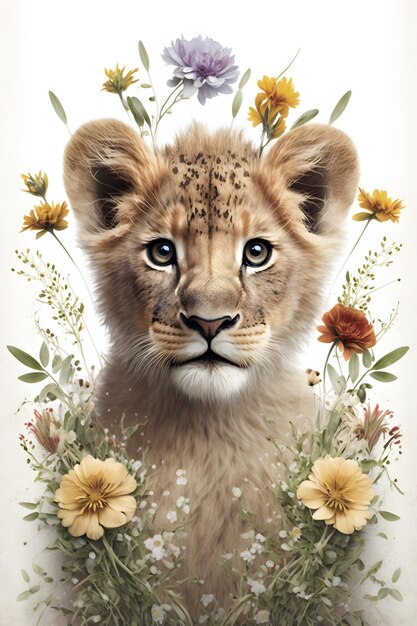 Une peinture d'un lionceau avec des fleurs dessus