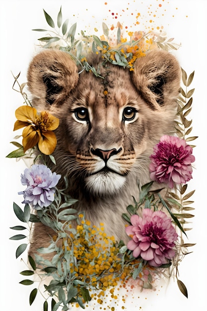 Une peinture d'un lionceau avec des fleurs dessus