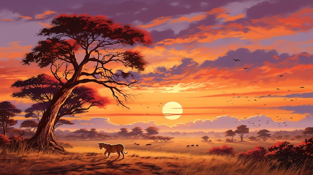 peinture de lions sur la savane au coucher du soleil en Afrique