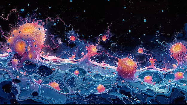 Une peinture d'un liquide bleu et rose