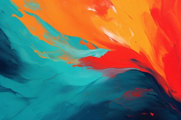 Une peinture d'un liquide de couleur arc-en-ciel avec un fond bleu et orange.