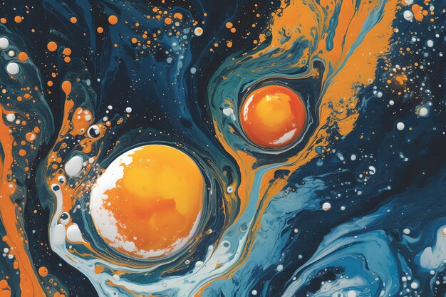 Une peinture de liquide orange et bleu avec les mots le mot en bas