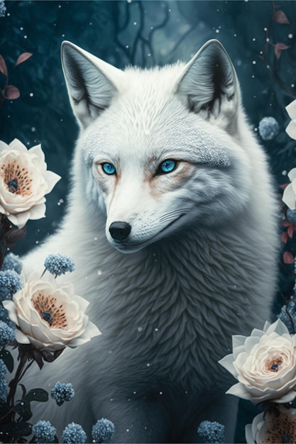 Peinture d'un loup blanc entouré de fleurs générative ai