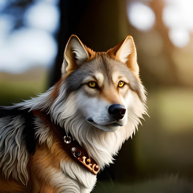 Une peinture d'un loup avec un collier en cuir et un collier en cuir.