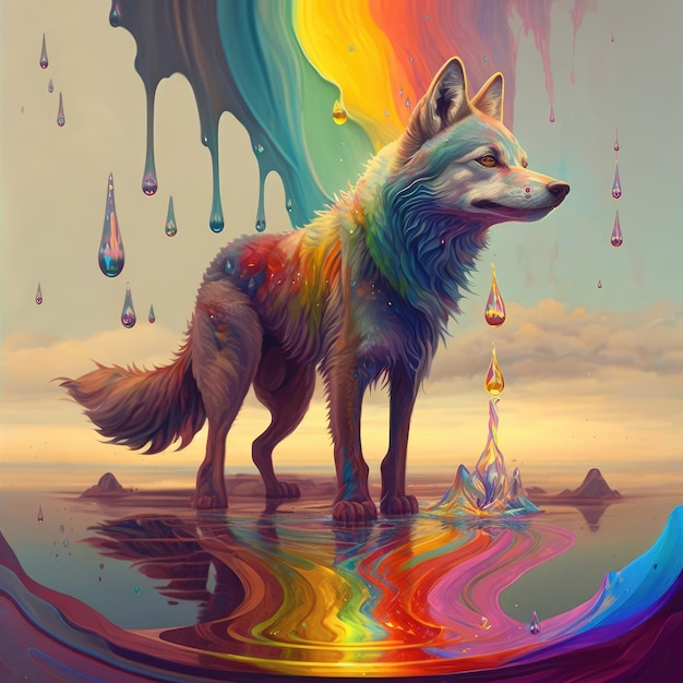 Une peinture d'un loup avec des couleurs arc-en-ciel dessus