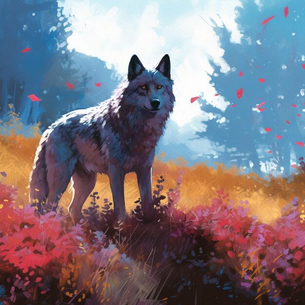 Une peinture d'un loup dans un champ de fleurs.