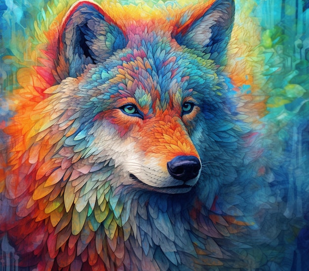 peinture d'un loup avec un fond coloré ai générative