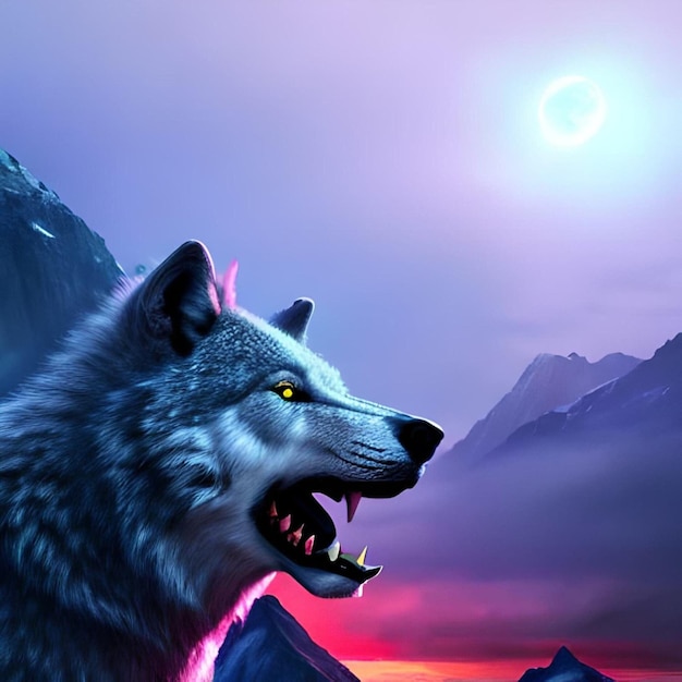 Une peinture d'un loup avec le soleil brillant sur son visage.