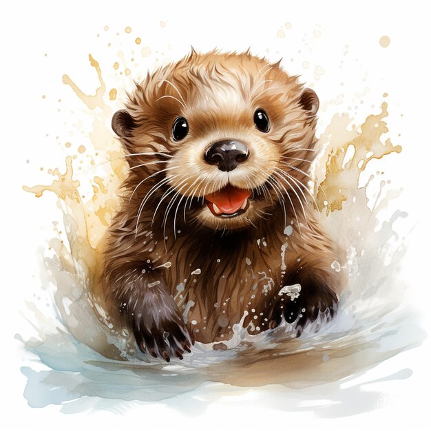 Photo peinture d'une loutre dans l'eau avec des éclaboussures et des aquarelles génératives ai