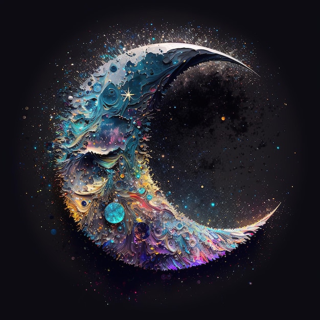 Une peinture d'une lune avec un fond noir