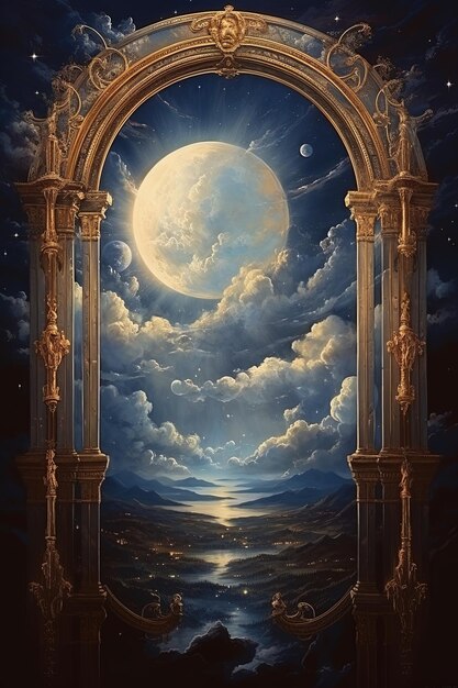 une peinture d'une lune et des nuages avec une lune dans le ciel