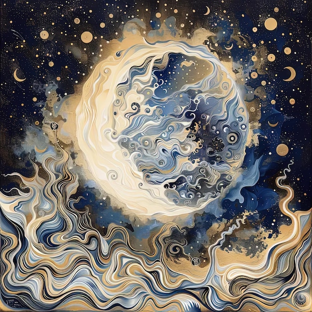 Une peinture d'une lune pleine dans le ciel nocturne