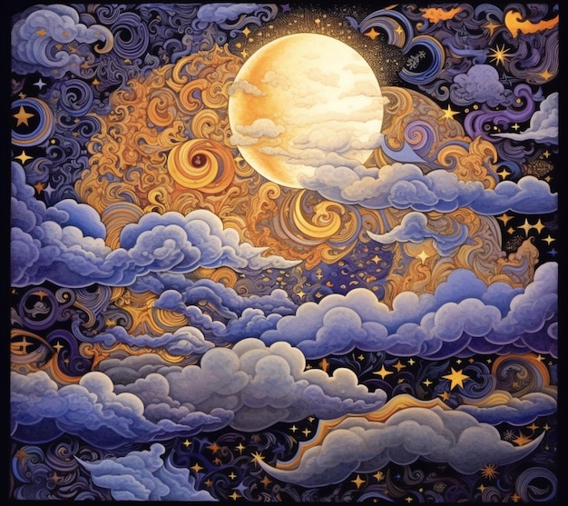 Peinture d'une lune pleine avec des nuages et des étoiles dans le ciel