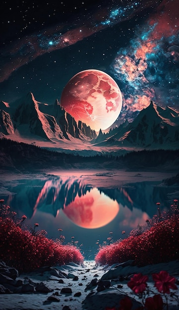 Une peinture d'une lune rouge au-dessus d'un lac